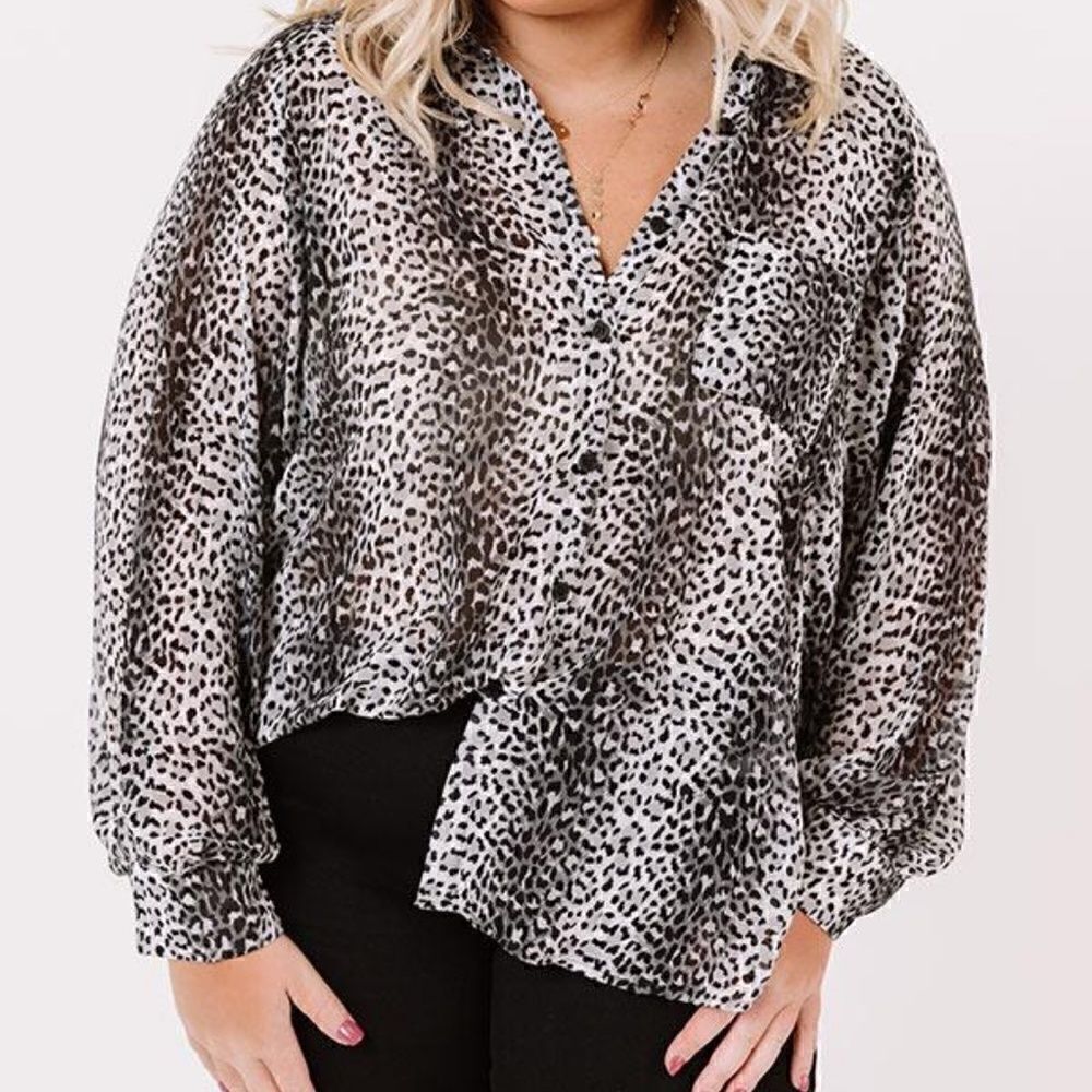 Plus Size Black and Gray Leopard Print Blouse